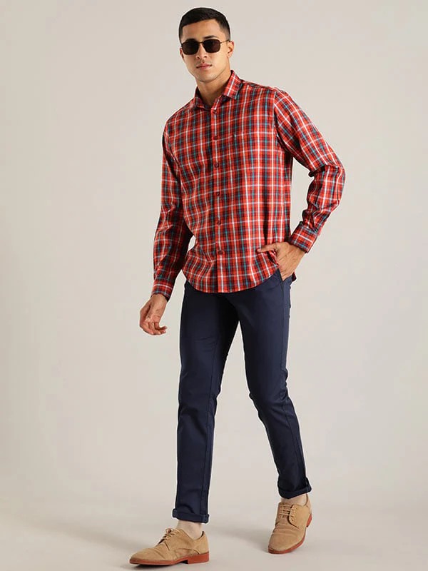 Indian Terrain Men Checkered Orange Shirt